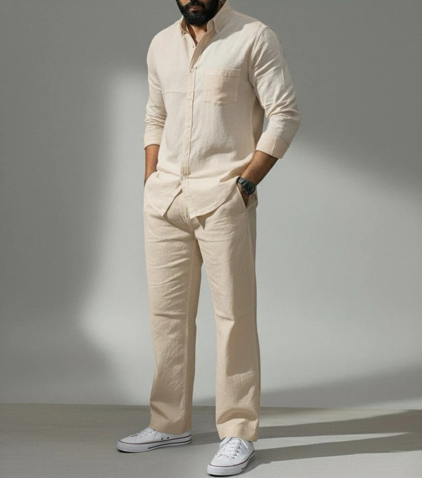 Premium Breathable Shirt & Bottom Set Of Linen, Luxury Pastels Color And Style