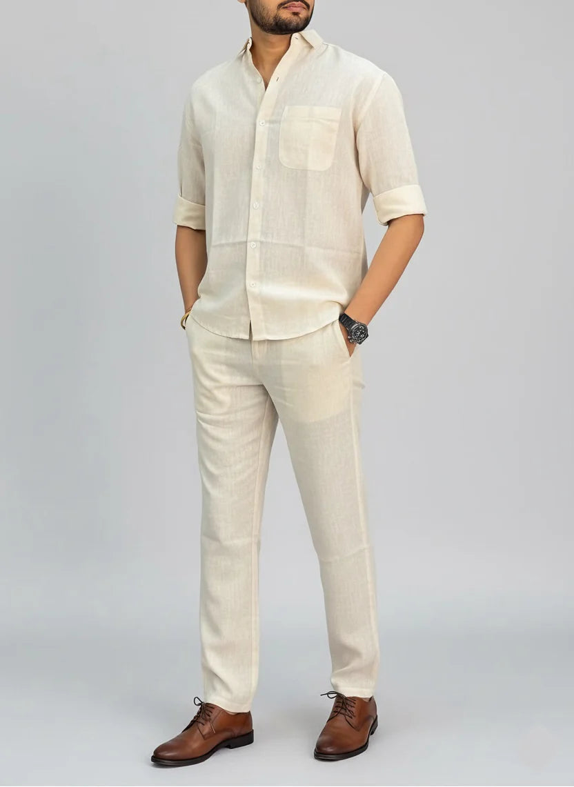 Premium Breathable Shirt & Bottom Set Of Linen, Luxury Pastels Color And Style