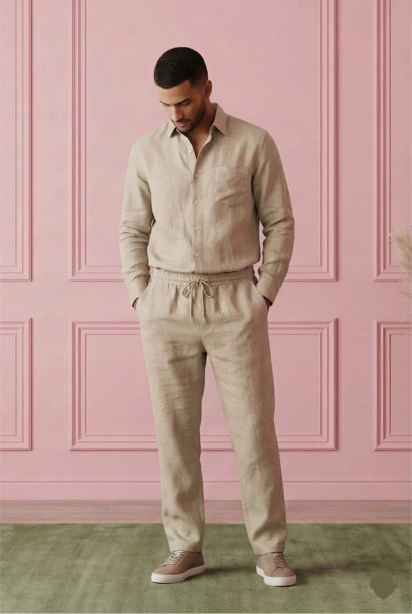 Premium Breathable Shirt & Bottom Set Of Linen, Luxury Pastels Color And Style