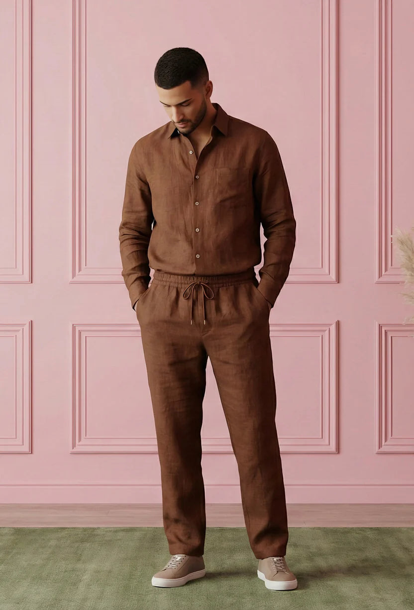 Premium Breathable Shirt & Bottom Set Of Linen, Luxury Pastels Color And Style