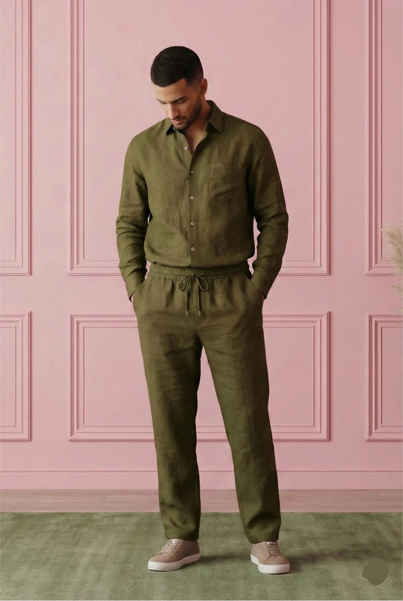 Premium Breathable Shirt & Bottom Set Of Linen, Luxury Pastels Color And Style